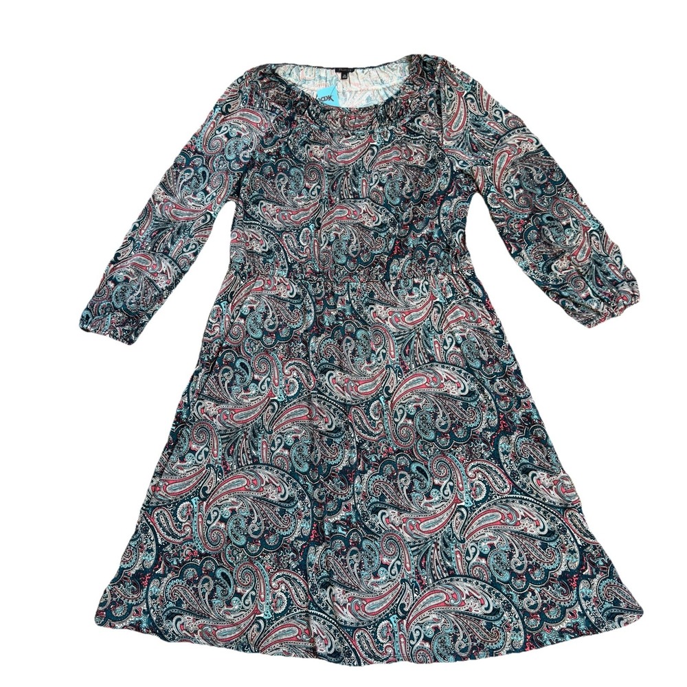 Talbots Teal Pink Paisley Long Sleeve Stretchy Casual Spring Midi Dress Size XL